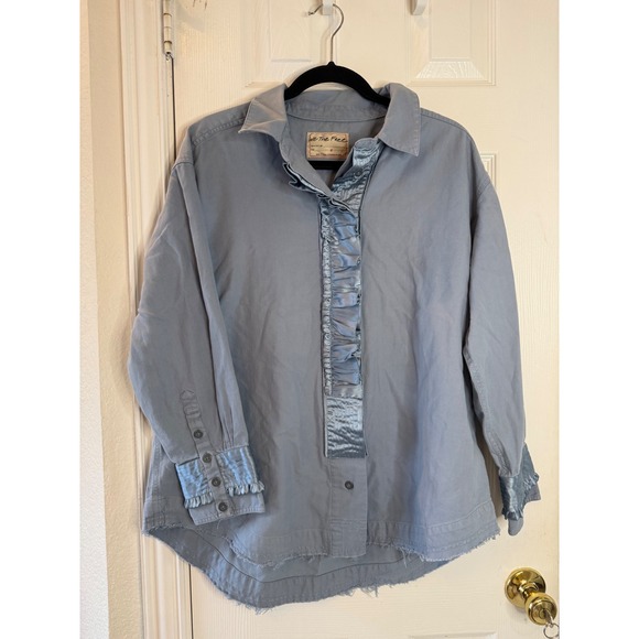 Free People Night Moves Button Down Blue Ruffle Satin Boho Shirt Small - Picture 2 of 8
